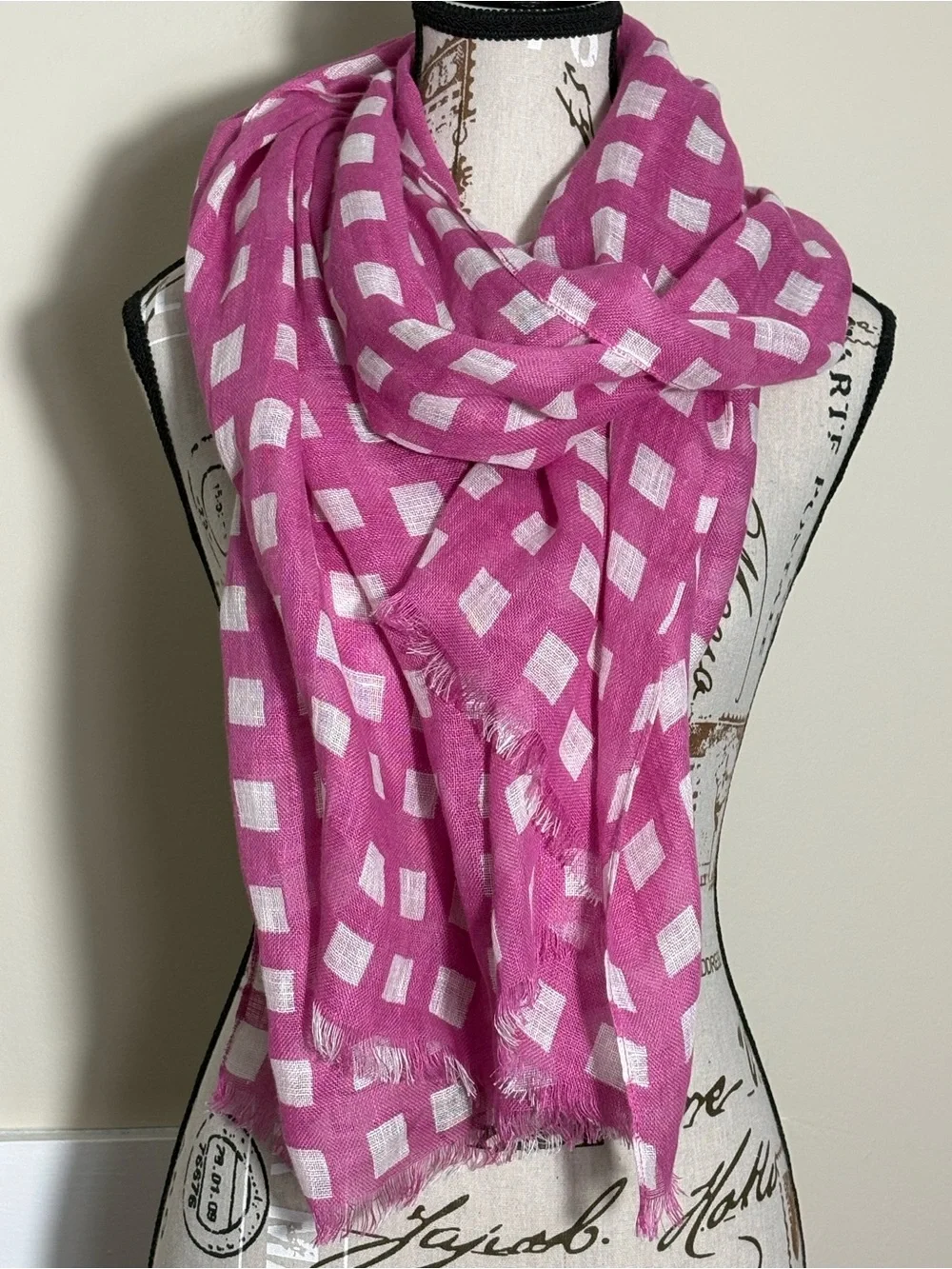 Donna Gorman Inc Linen Pink White Check Scarf Wrap Shawl Made in India